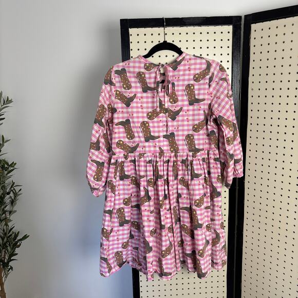 NWOT Megan Crosby Lila Cowboy Dress Pink Gingham Mini Puff-Sleeve Boot-Print - Picture 4 of 9